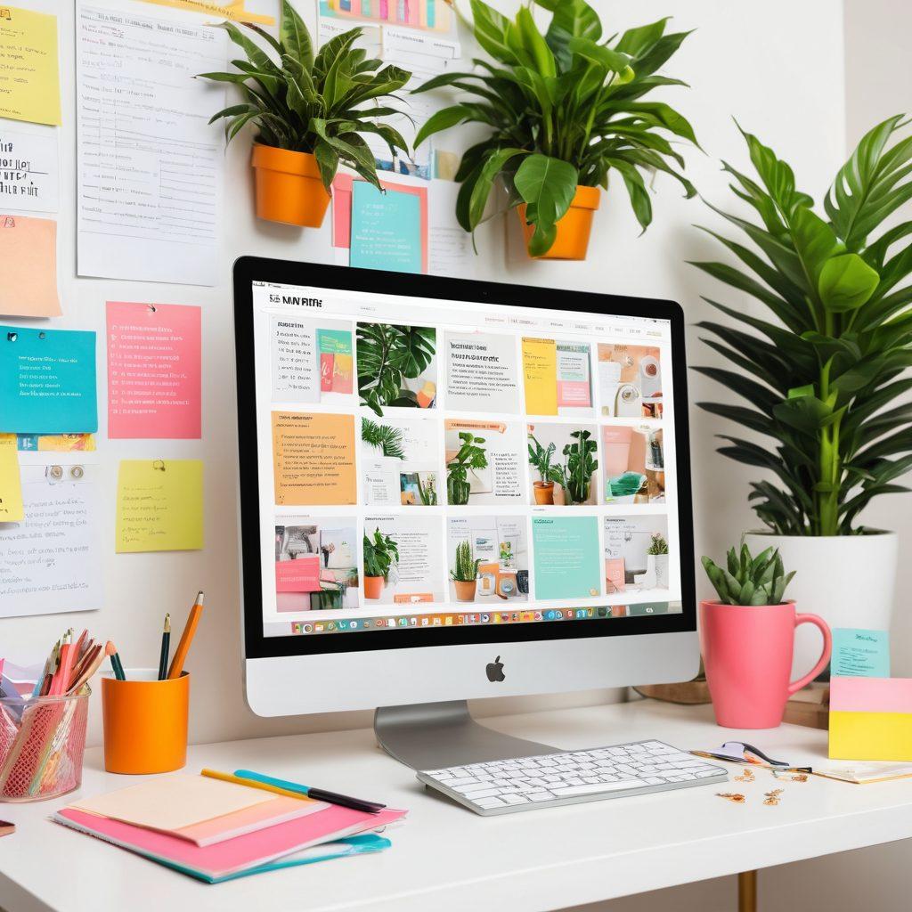 A vibrant workspace filled with an engaging blog design on a computer screen, showcasing colorful content ideas and dynamic layouts. Include elements like sticky notes, sketches of website designs, and a cup of coffee to convey creativity and inspiration. Surround the workspace with plants and motivational quotes for an inviting atmosphere. In the background, a vision board populated with blog strategies and statistics. super-realistic. vibrant colors. white background.