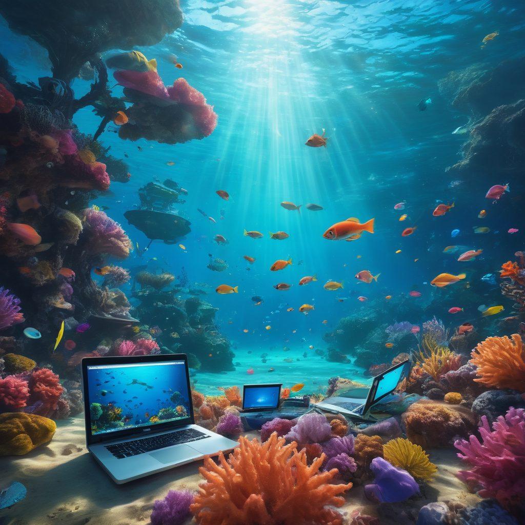An inviting underwater scene depicting a diverse group of bloggers, represented as colorful fish, swimming together around a vibrant coral reef filled with equipment like laptops and cameras. Bubbles rise around them, symbolizing community interaction and vibrant engagement. The background shows shafts of light breaking through the water surface, illuminating the lively underwater world. Highly detailed, whimsical art style with bright, contrasting colors.
