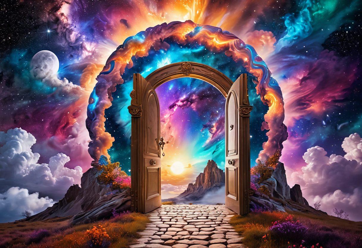A mystical key unlocking a vibrant, glowing portal filled with colorful blog posts, images, and social media icons swirling around. The background features a dreamy landscape symbolizing creativity and inspiration, like a colorful nebula. This scene represents the transformative power of blogging and the vast possibilities within the blogosphere. surreal art. vivid colors. dynamic composition.